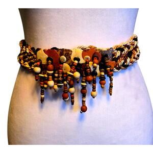 Vintage 80s Braided Cord & Wood Beads Stretch Belt Trendy Bold Statement